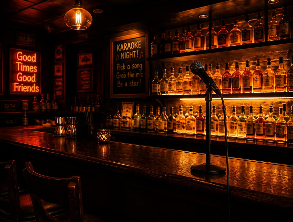 Warmly lit bar with liquor bottles and a karaoke microphone